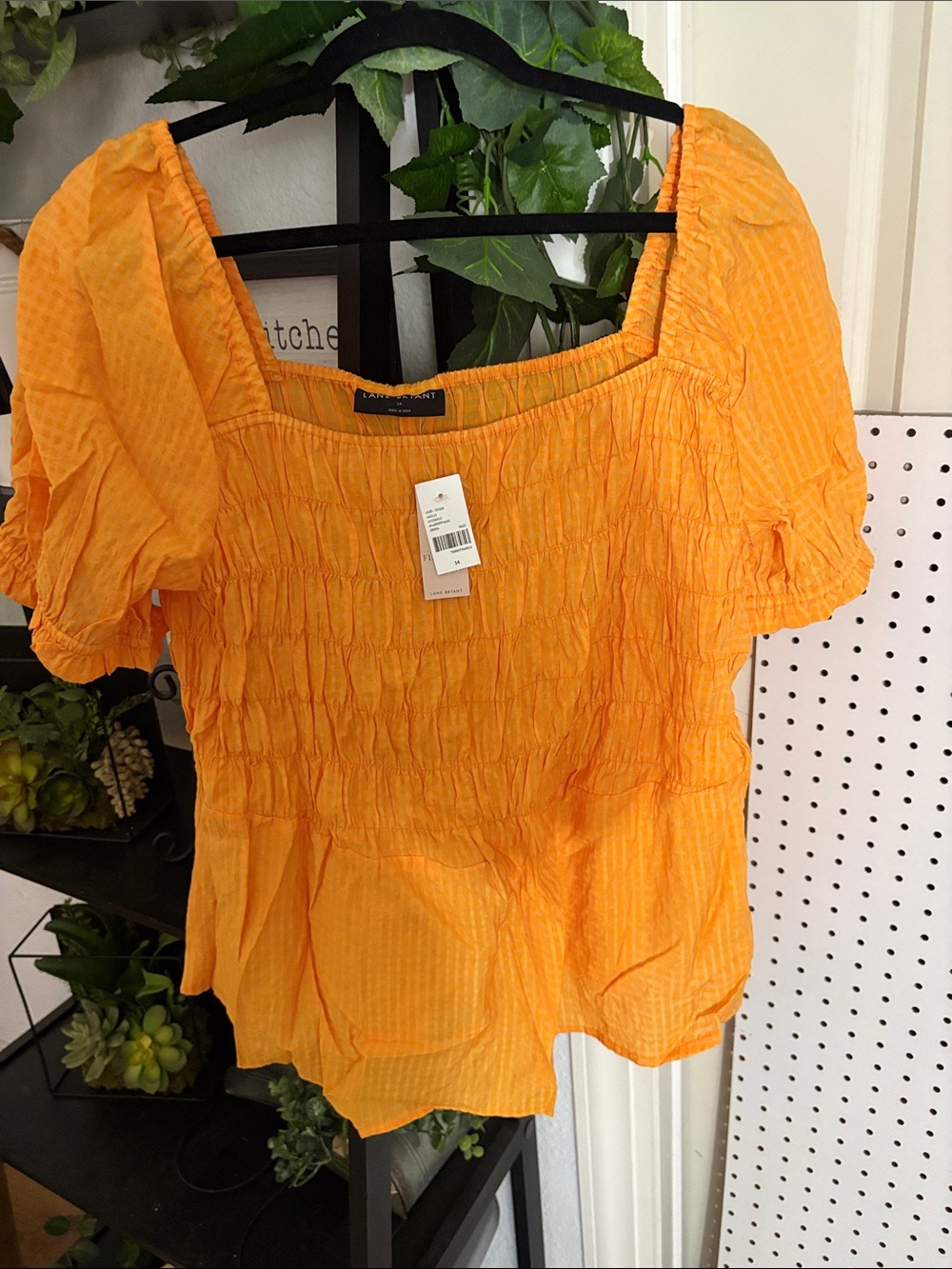 Lane Bryant Orange Smocked Square-Neck Puff Sleeve Blouse